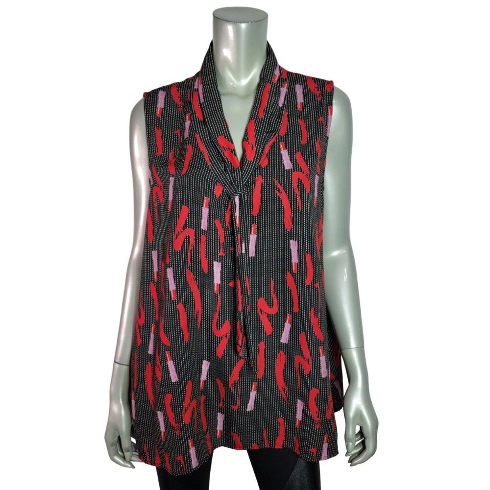 West Kei Top Plus Size 2X Lip Stick Print Lightweight Tie V-Neck Sleeveless Red‎